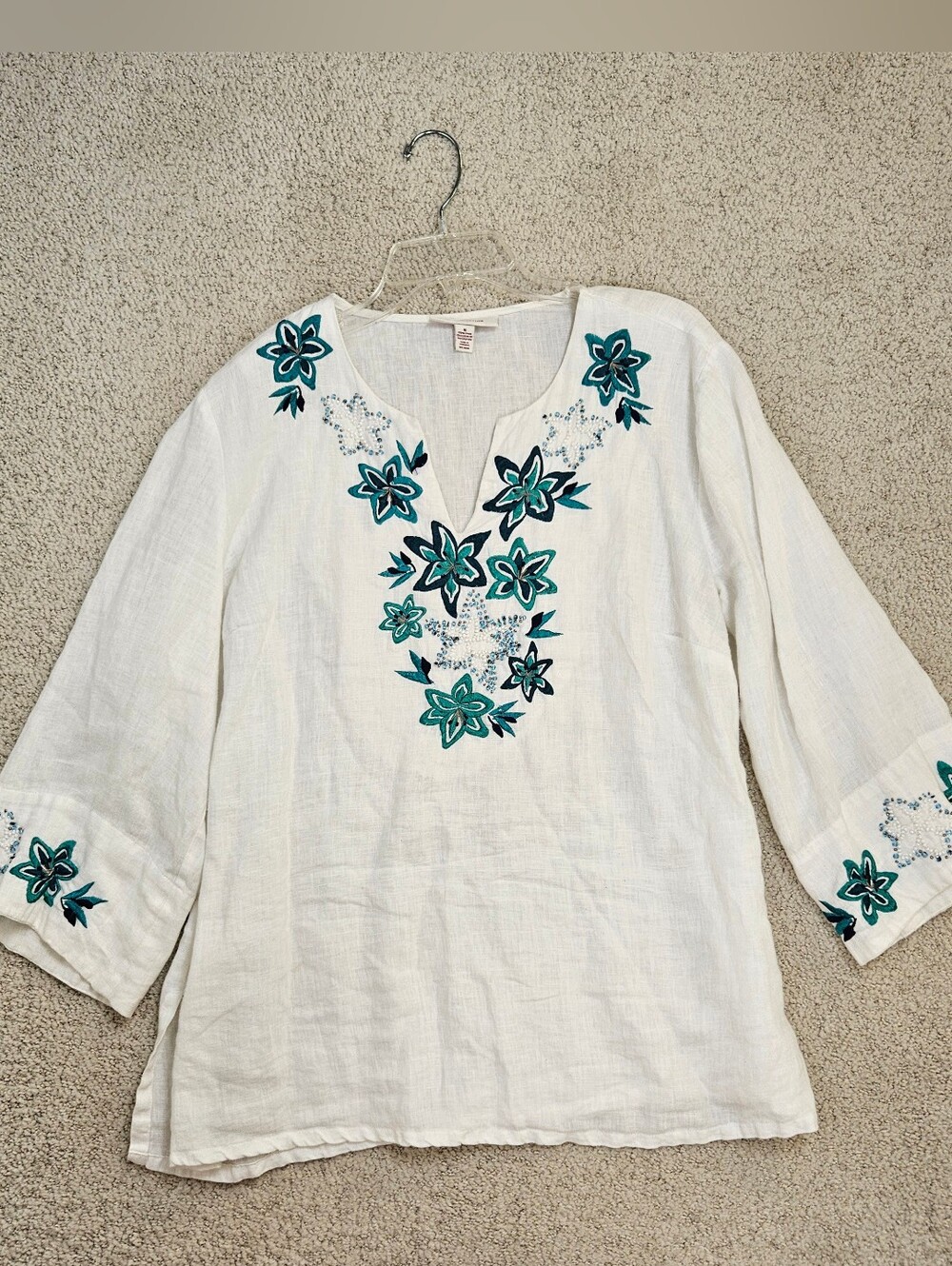 Linen Blouse White Beaded Embroidered Teal Floral 3/4 Sleeves Loose Womens 16 XL